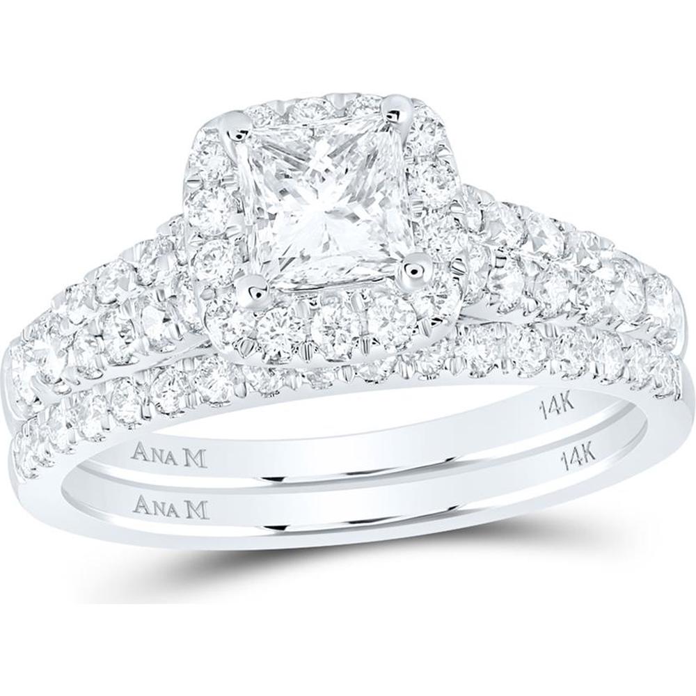 14K White Gold Princess Diamond Halo Bridal Wedding Ring Set with Round Diamonds and Natural Blue Sapphire - 1.5 Carat Total Diamond Weight