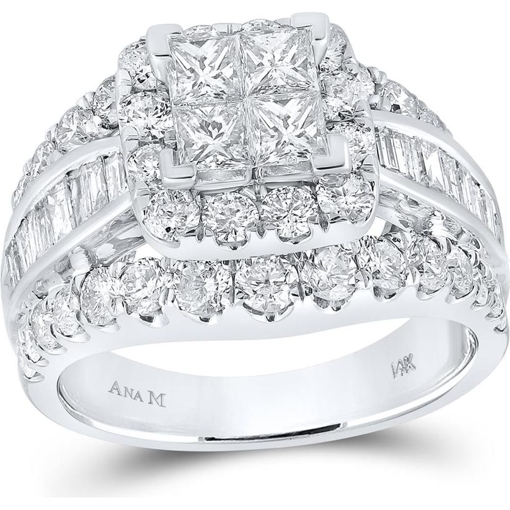 14K White Gold Princess Diamond Halo Engagement Ring with Round and Baguette Diamonds - 3 Carat Total Diamond Weight