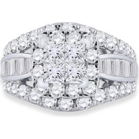 14K White Gold Princess Diamond Halo Engagement Ring with Round and Baguette Diamonds - 3 Carat Total Diamond Weight