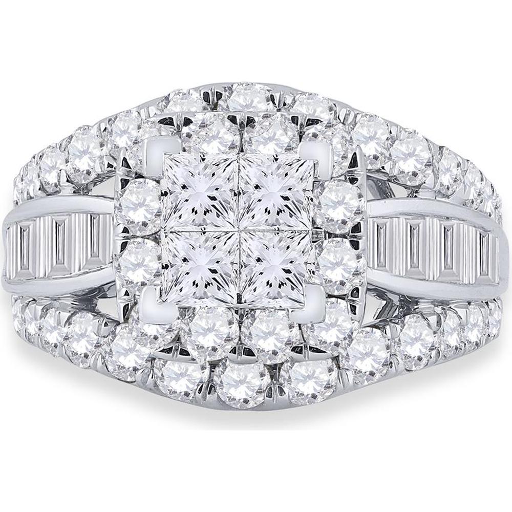 14K White Gold Princess Diamond Halo Engagement Ring with Round and Baguette Diamonds - 3 Carat Total Diamond Weight