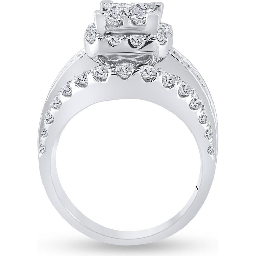 14K White Gold Princess Diamond Halo Engagement Ring with Round and Baguette Diamonds - 3 Carat Total Diamond Weight