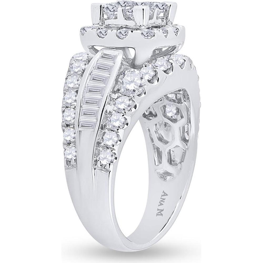 14K White Gold Princess Diamond Halo Engagement Ring with Round and Baguette Diamonds - 3 Carat Total Diamond Weight