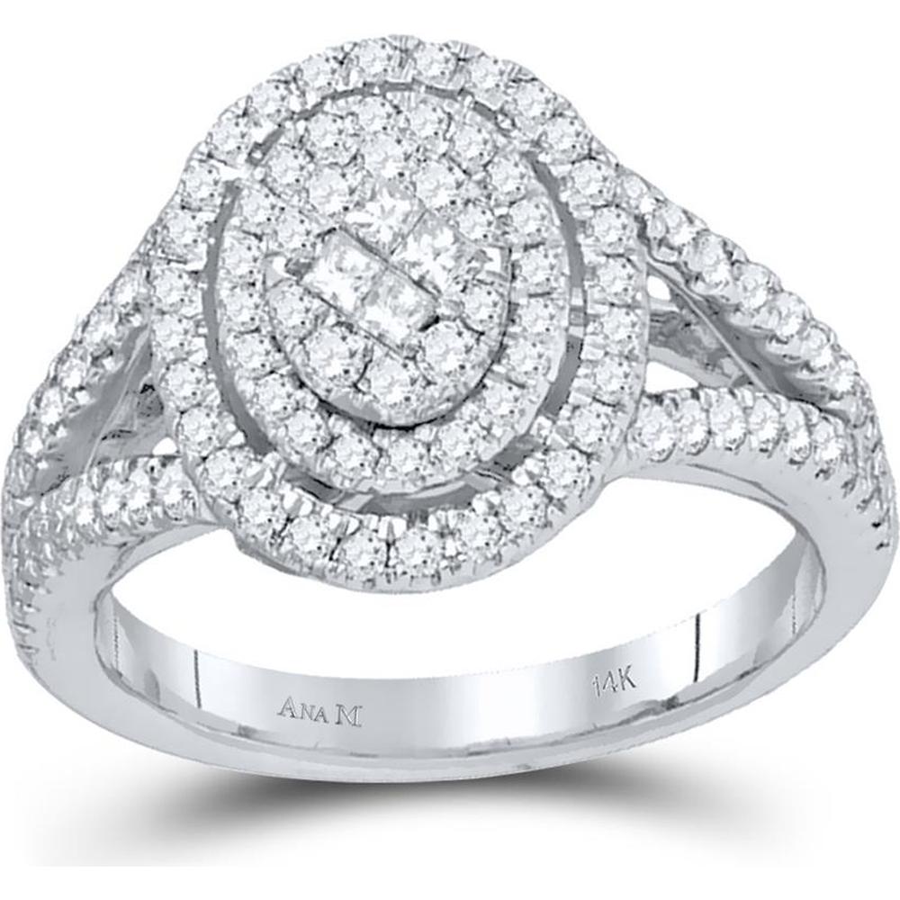 14K White Gold Princess Diamond Oval Cluster Bridal Engagement Ring - 1 Carat Total Weight