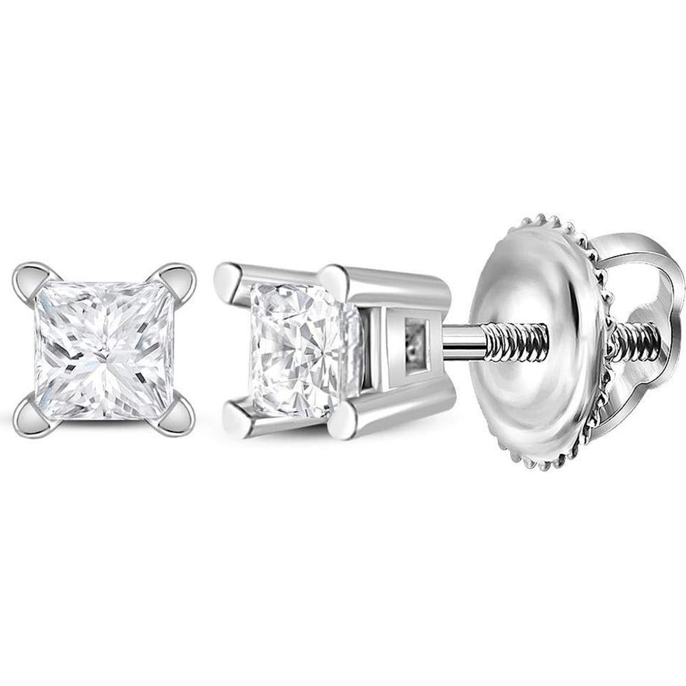 14K White Gold Princess Diamond Solitaire Stud Earrings - 1/6 Carat Total Diamond Weight