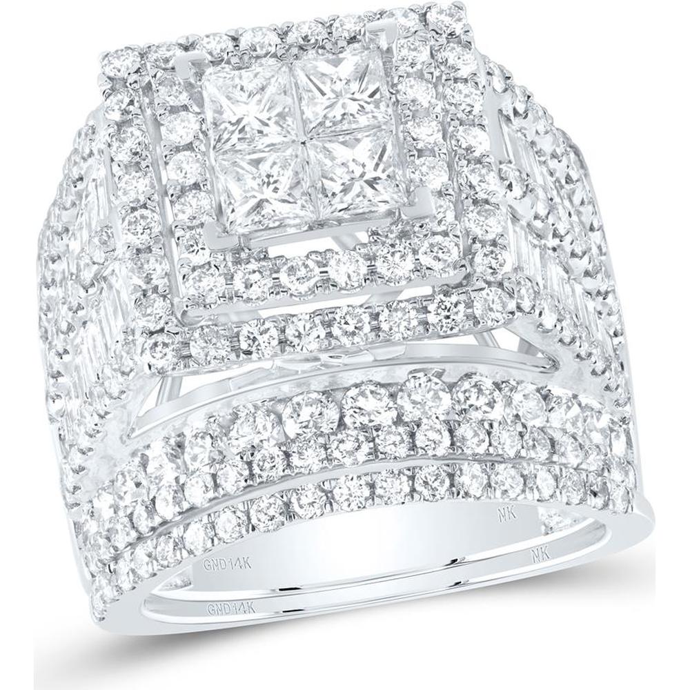 14K White Gold Princess Diamond Square Bridal Set with Round and Baguette Diamonds - 4 Carat Total Diamond Weight
