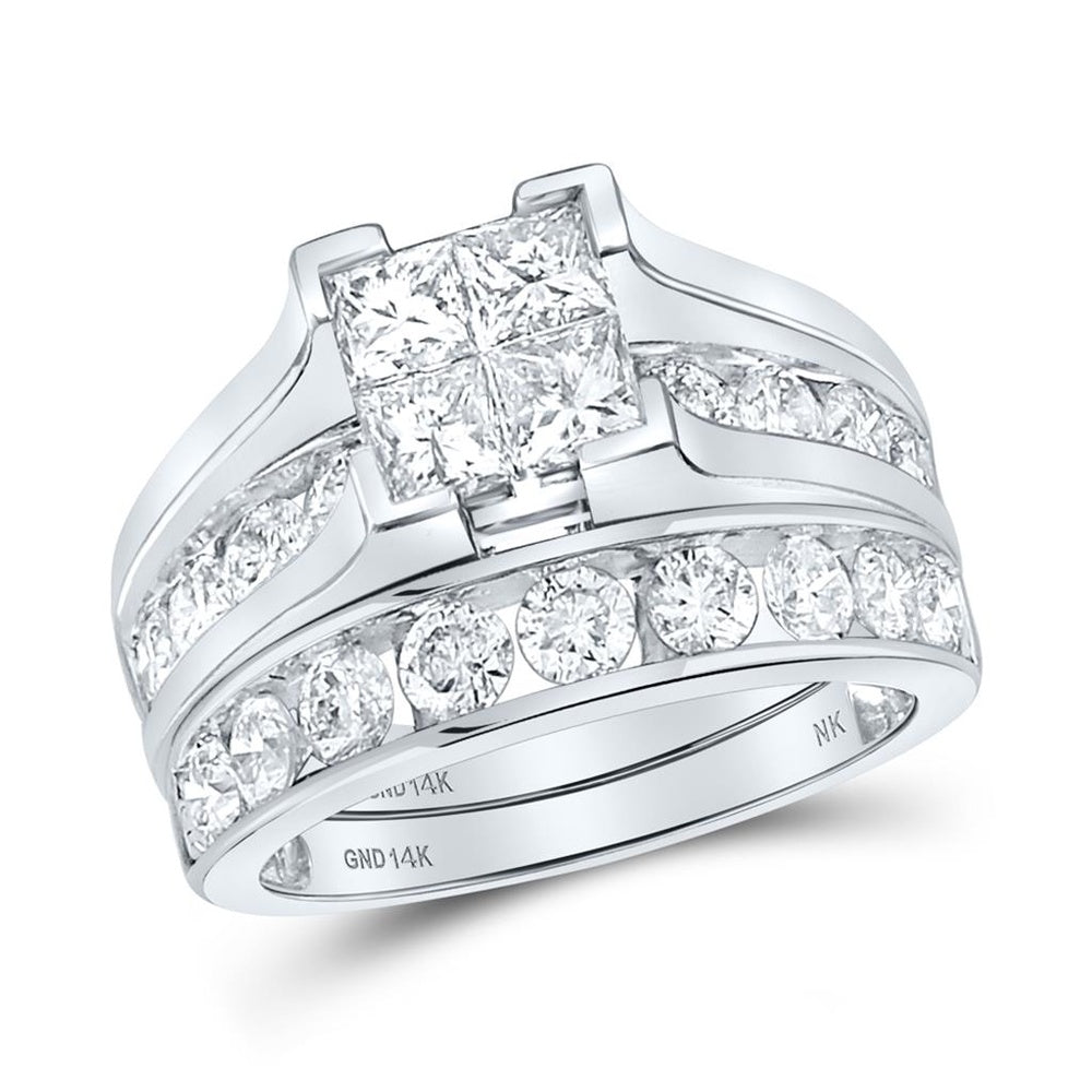 14K White Gold Princess Diamond Square Bridal Wedding Ring Set - 3 Carat Total Diamond Weight