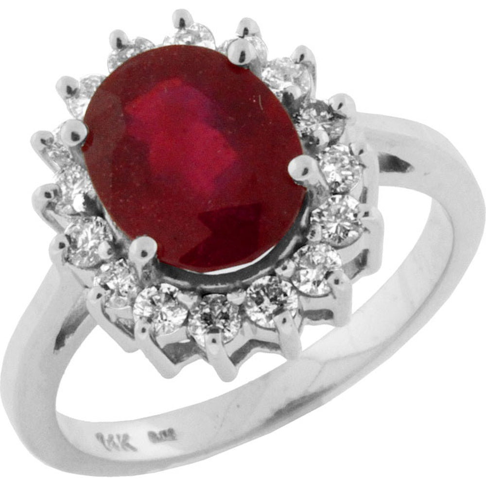 14K White Gold Princess Diana Inspired Halo Ring with 3.10 Carat Oval Ruby and 0.65 Carat Round Diamonds - Royal Jewelry
