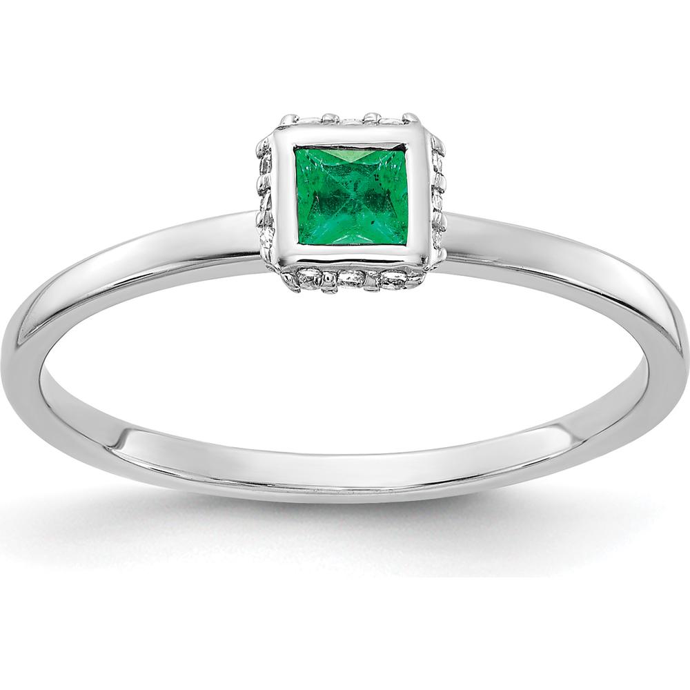14K White Gold Princess Emerald and Diamond Halo Ring with 0.15 Carat Emerald and 0.06 Carat Total Diamond Weight by 0