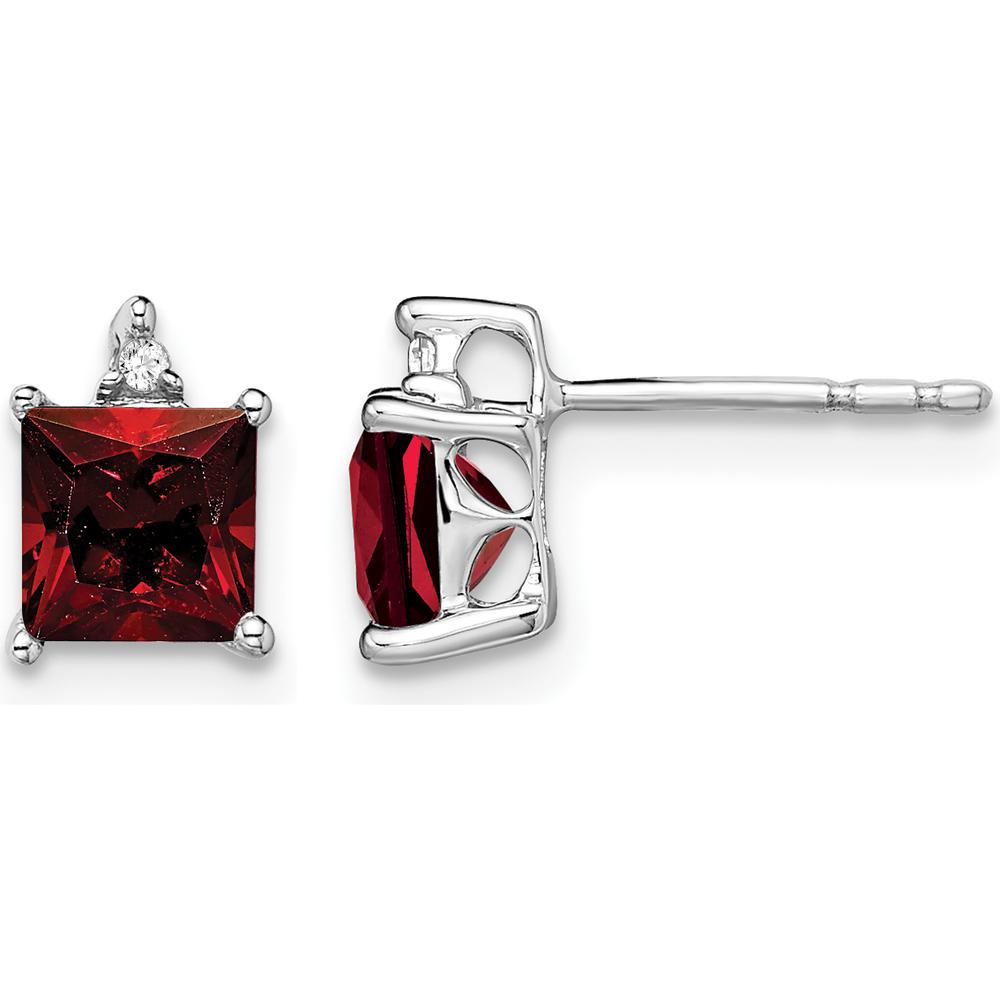 14K White Gold Princess Garnet and Round Diamond Stud Earrings - 0.75 Carat Total Garnet Weight by Monteluci Fine Jewelry