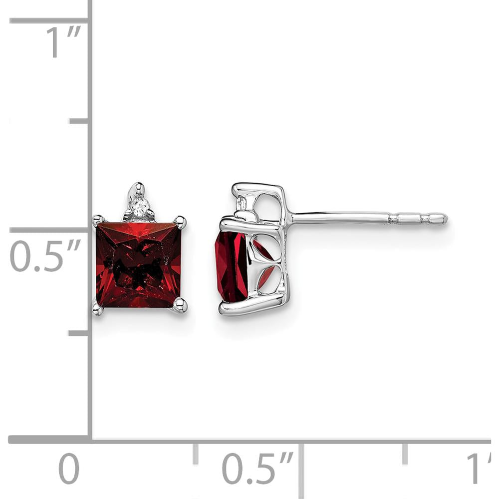 14K White Gold Princess Garnet and Round Diamond Stud Earrings - 0.75 Carat Total Garnet Weight by Monteluci Fine Jewelry
