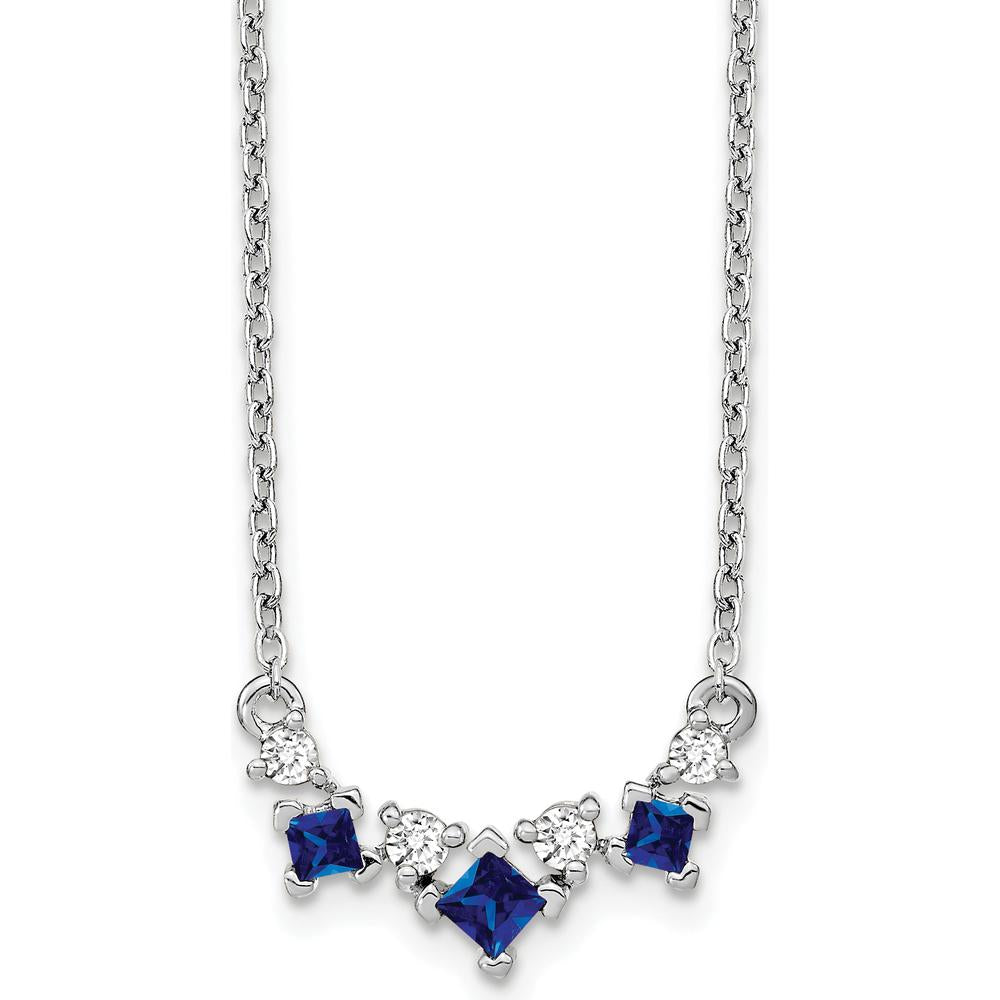 14K White Gold Princess Sapphire and Round Diamond Pendant Necklace - 0.29 Carat Total Sapphire Weight, 0.06 Carat Total Diamond Weight by Lumare Gioia