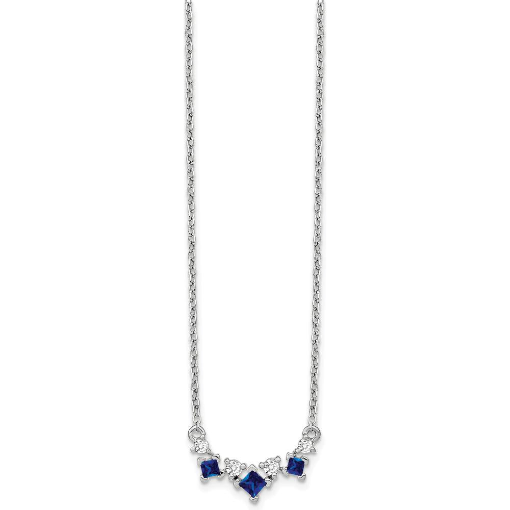 14K White Gold Princess Sapphire and Round Diamond Pendant Necklace - 0.29 Carat Total Sapphire Weight, 0.06 Carat Total Diamond Weight by Lumare Gioia