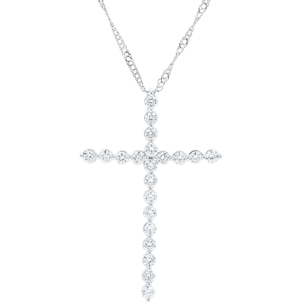 14K White Gold Prong-Set Round Brilliant Diamond Cross Pendant - 0.37 Carat Total Diamond Weight