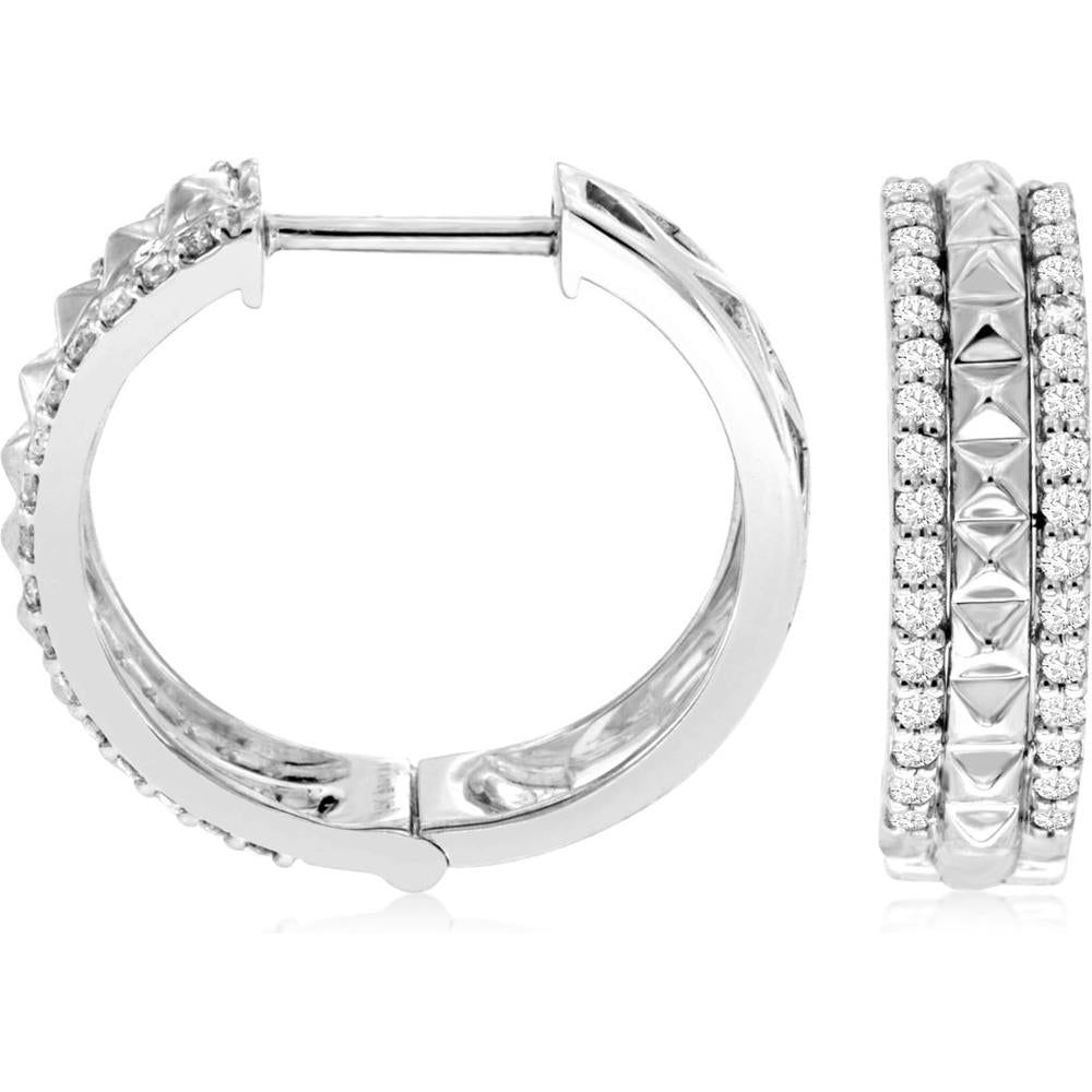 14K White Gold Pyramid-Texture Huggie Hoop Earrings with Micro-Prong Set Round Diamonds - 0.50 Carat Total Diamond Weight - Royal Jewelry