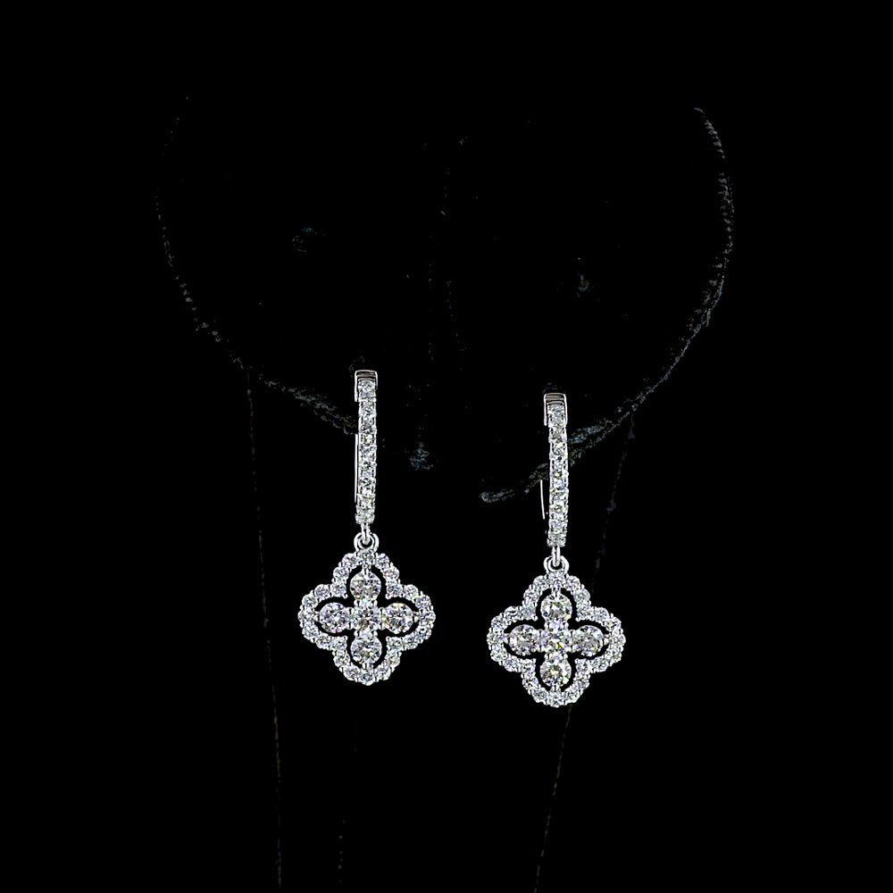 14K White Gold Quatrefoil Drop Earrings with 1.07 Carats Total Lab Diamonds - Round Brilliant Cut, Hinged Hoop Backs, E-F VS2 Clarity - Covaloro Fine Jewelry
