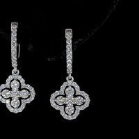 14K White Gold Quatrefoil Drop Earrings with 1.07 Carats Total Lab Diamonds - Round Brilliant Cut, Hinged Hoop Backs, E-F VS2 Clarity - Covaloro Fine Jewelry