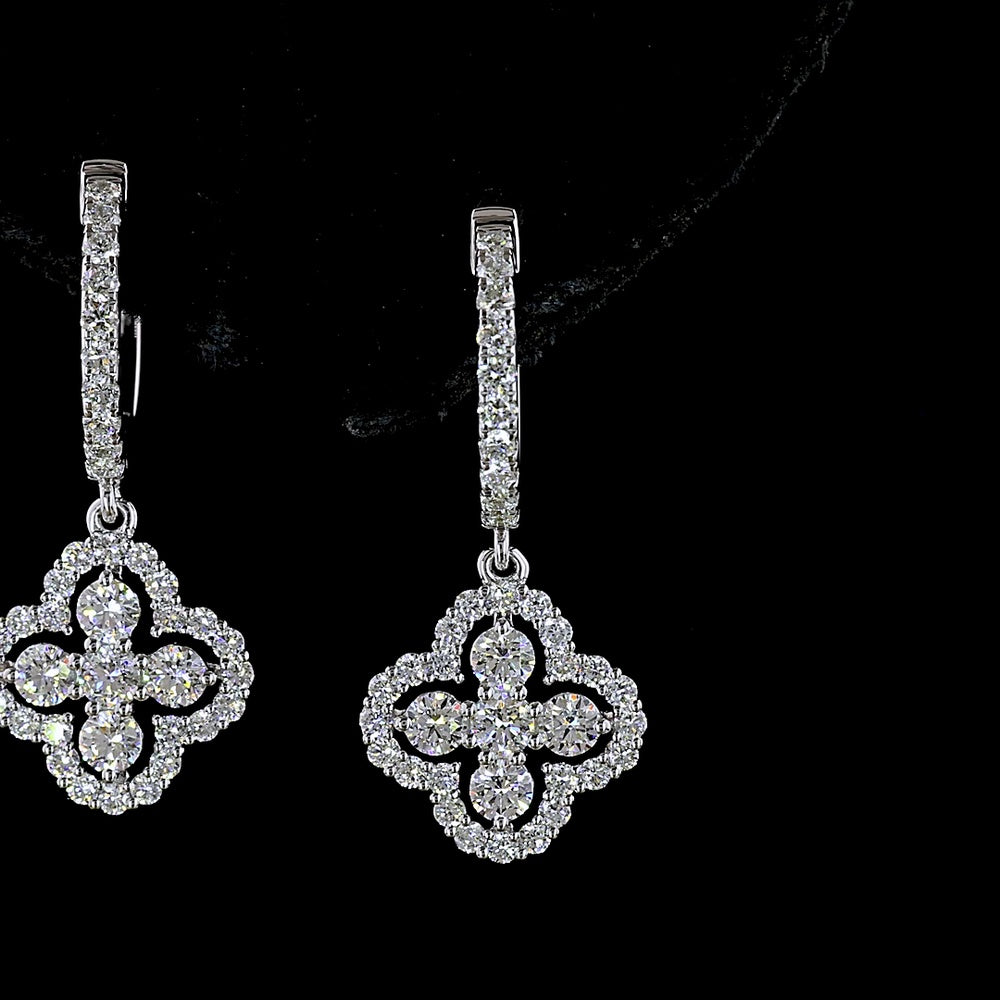 14K White Gold Quatrefoil Drop Earrings with 1.07 Carats Total Lab Diamonds - Round Brilliant Cut, Hinged Hoop Backs, E-F VS2 Clarity - Covaloro Fine Jewelry