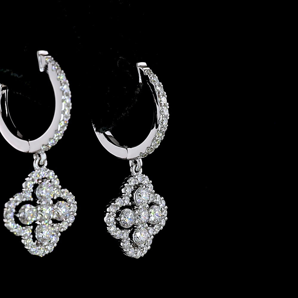 14K White Gold Quatrefoil Drop Earrings with 1.07 Carats Total Lab Diamonds - Round Brilliant Cut, Hinged Hoop Backs, E-F VS2 Clarity - Covaloro Fine Jewelry