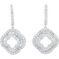 14K White Gold Quatrefoil Drop Earrings with Round and Baguette Diamond Double Halo - 1.40 Carat Total Diamond Weight