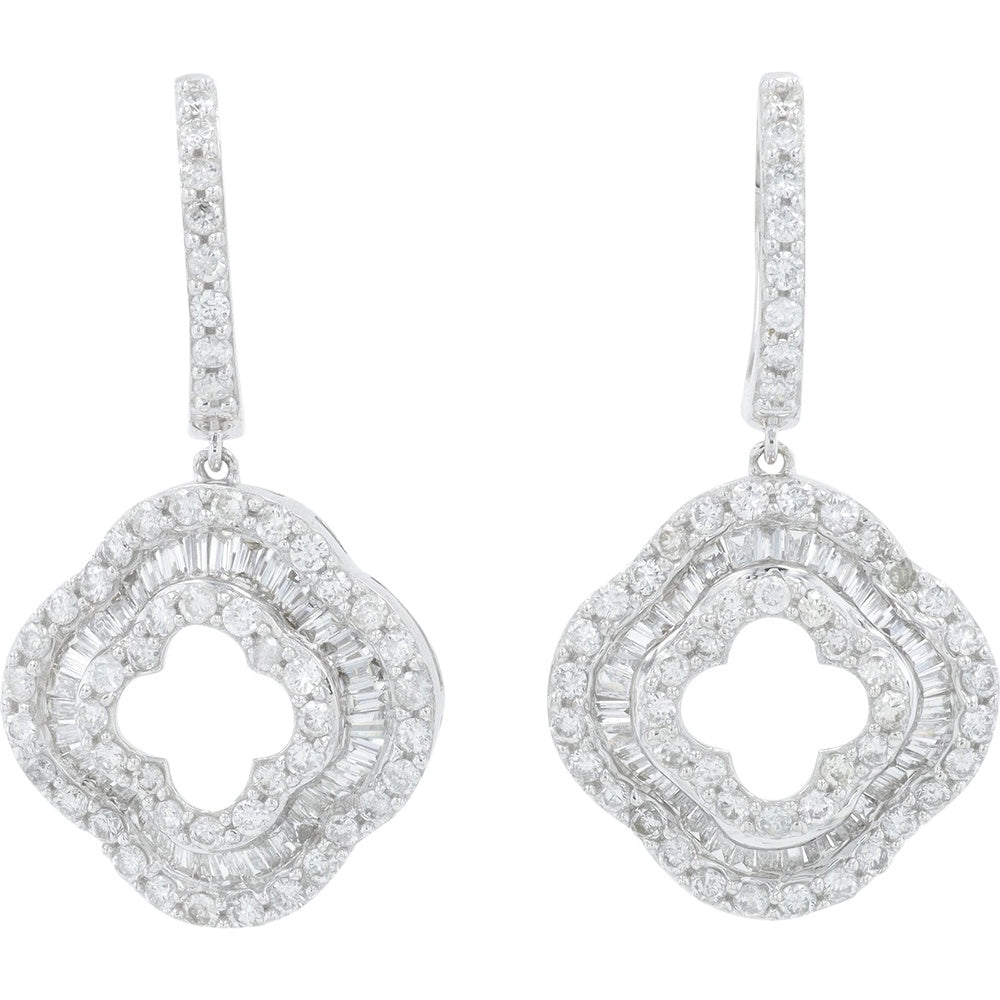 14K White Gold Quatrefoil Drop Earrings with Round and Baguette Diamond Double Halo - 1.40 Carat Total Diamond Weight