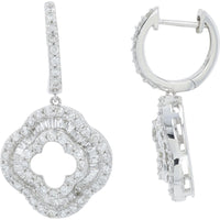 14K White Gold Quatrefoil Drop Earrings with Round and Baguette Diamond Double Halo - 1.40 Carat Total Diamond Weight