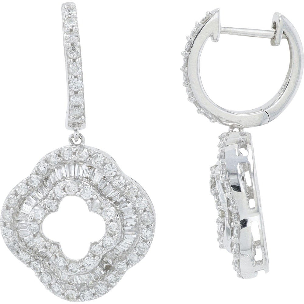 14K White Gold Quatrefoil Drop Earrings with Round and Baguette Diamond Double Halo - 1.40 Carat Total Diamond Weight