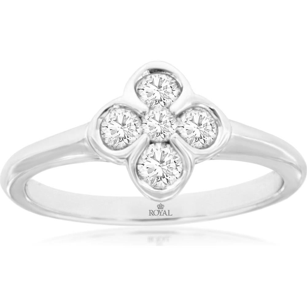 14K White Gold Quatrefoil Floral Motif Ring with Round Brilliant Cut Diamonds - 0.40 Carat Total Diamond Weight - Royal Jewelry