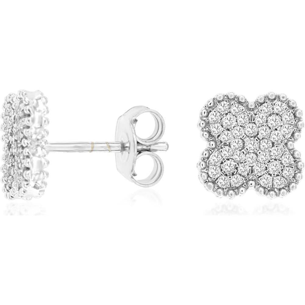 14K White Gold Quatrefoil Flower Stud Earrings with Round Diamonds - 0.25 Carat Total Diamond Weight - Royal Jewelry