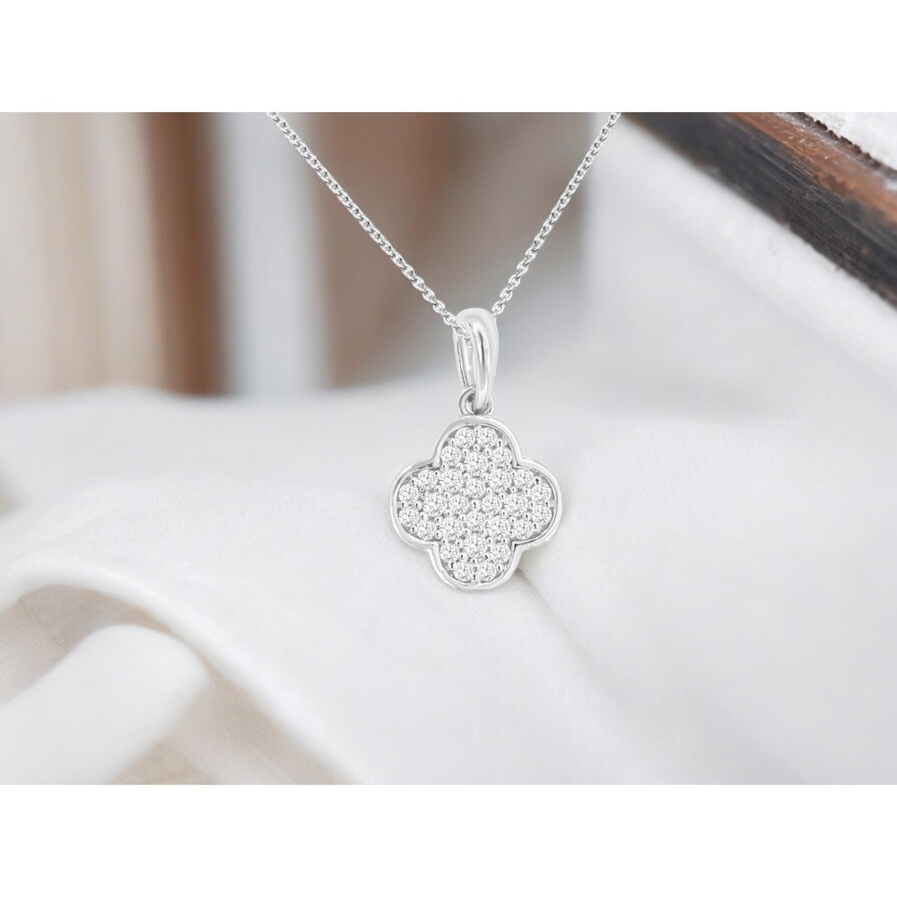 14K White Gold Quatrefoil Pendant Necklace with Pave-Set Round Diamonds - 0.20 Carat Total Diamond Weight - Royal Jewelry