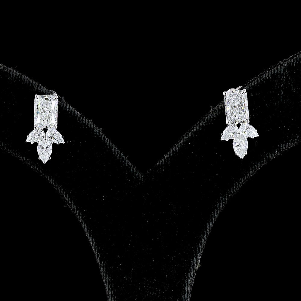 14K White Gold Radiant and Pear Shape Lab Diamond Hanging Earrings - 2.9 Carat Total Weight, E VVS2 and E VS2 Clarity - Covaloro Fine Jewelry