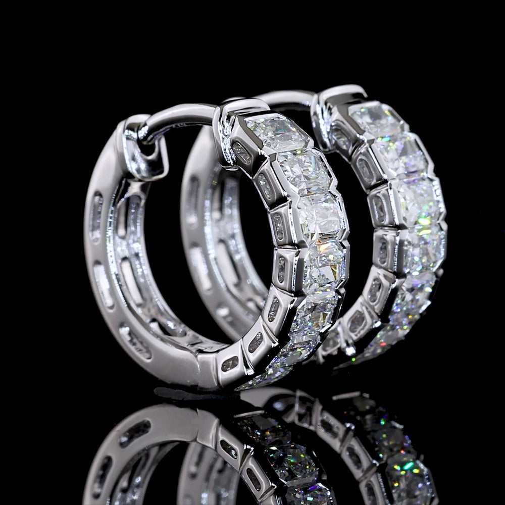14K White Gold Radiant Cut Diamond Huggie Earrings with Half Bezel Setting - 0.98 Carat Total Diamond Weight (E-F Color, VS+ Clarity) - Covaloro Fine Jewelry