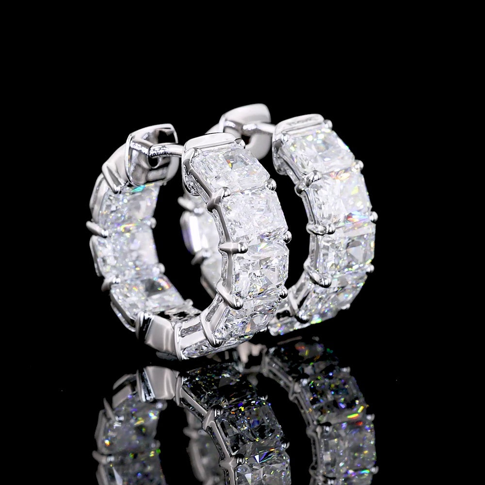 14K White Gold Radiant Cut Diamond Huggie Earrings with Prong Setting - 5.03 Carats Total Carat Weight (16 Lab Diamonds, D VVS2) - Covaloro Fine Jewelry