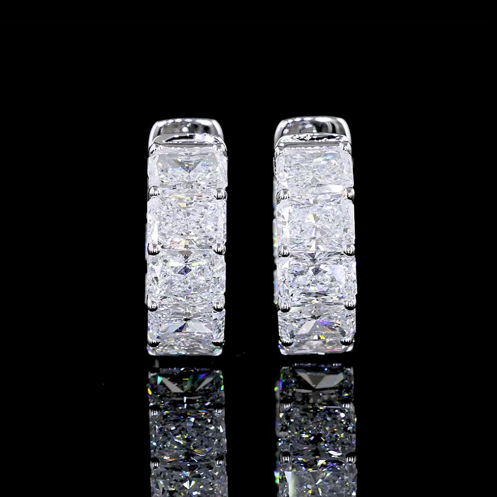 14K White Gold Radiant Cut Diamond Huggie Earrings with Prong Setting - 5.03 Carats Total Carat Weight (16 Lab Diamonds, D VVS2) - Covaloro Fine Jewelry