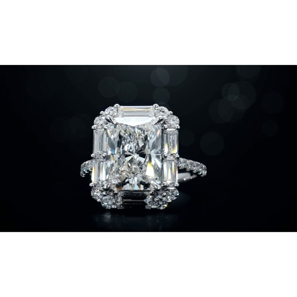 14K White Gold Radiant Cut Halo Ring with Baguette and Round Lab Diamonds - 5.57 Carat Total Weight - Covaloro Fine Jewelry