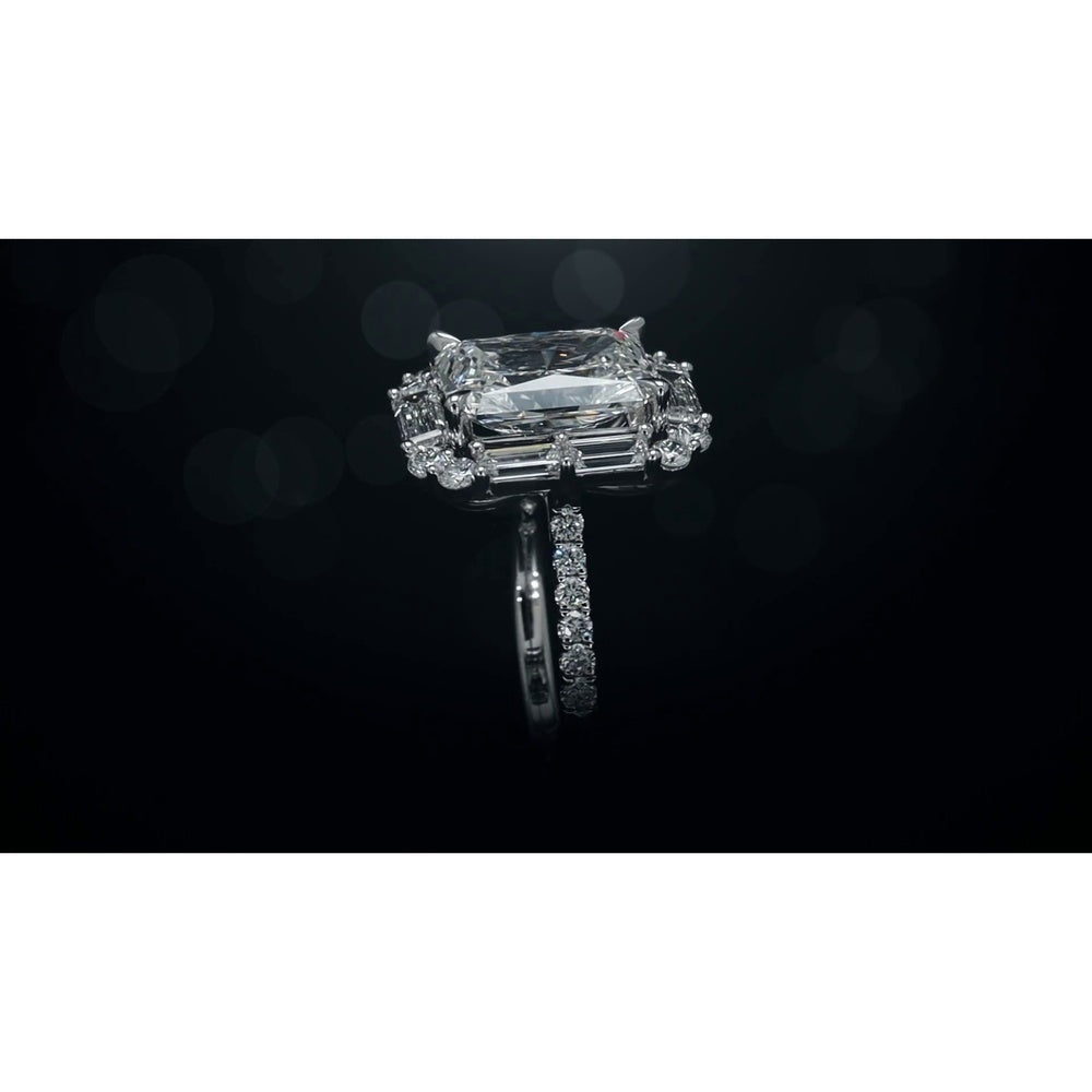 14K White Gold Radiant Cut Halo Ring with Baguette and Round Lab Diamonds - 5.57 Carat Total Weight - Covaloro Fine Jewelry