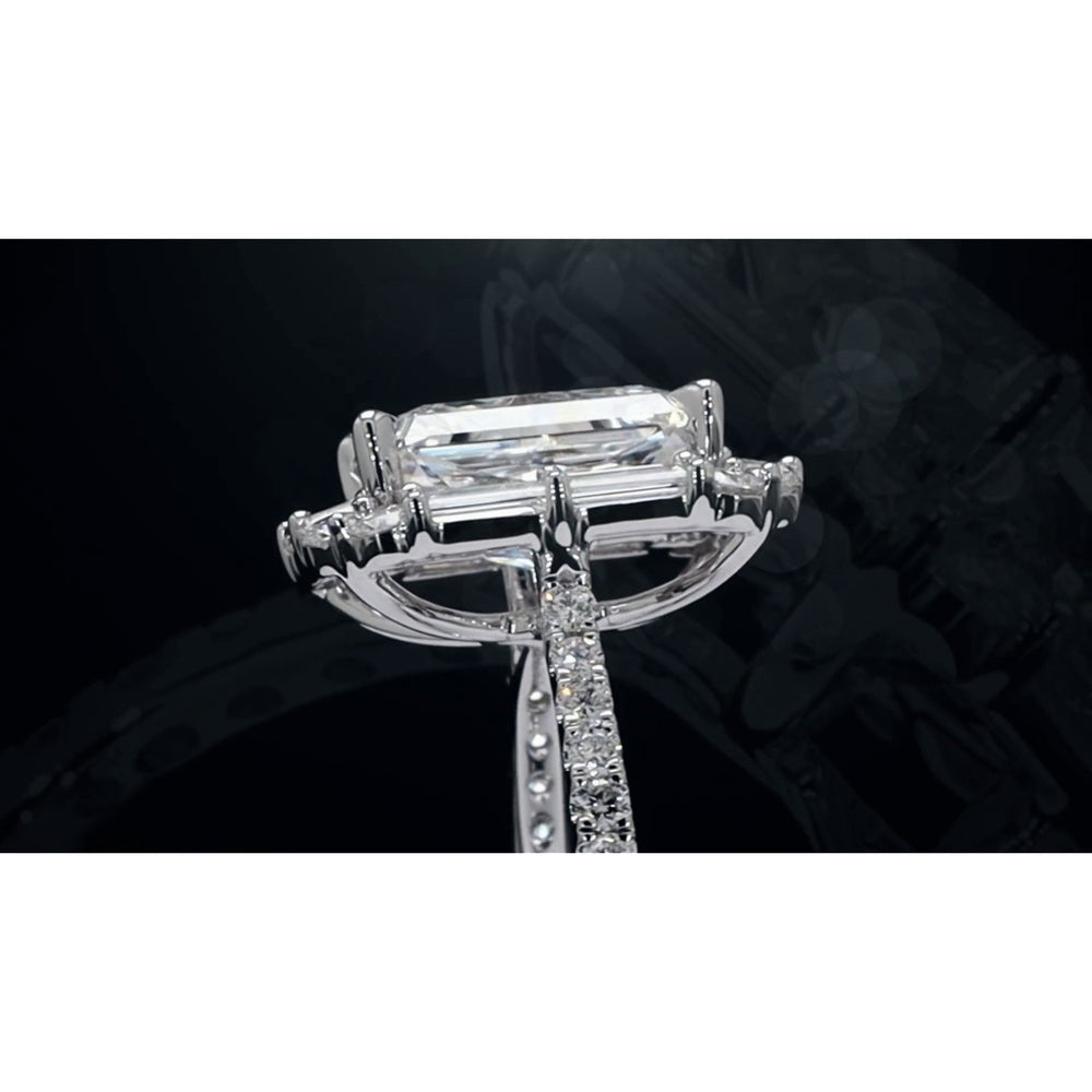 14K White Gold Radiant Cut Halo Ring with Baguette and Round Lab Diamonds - 5.57 Carat Total Weight - Covaloro Fine Jewelry