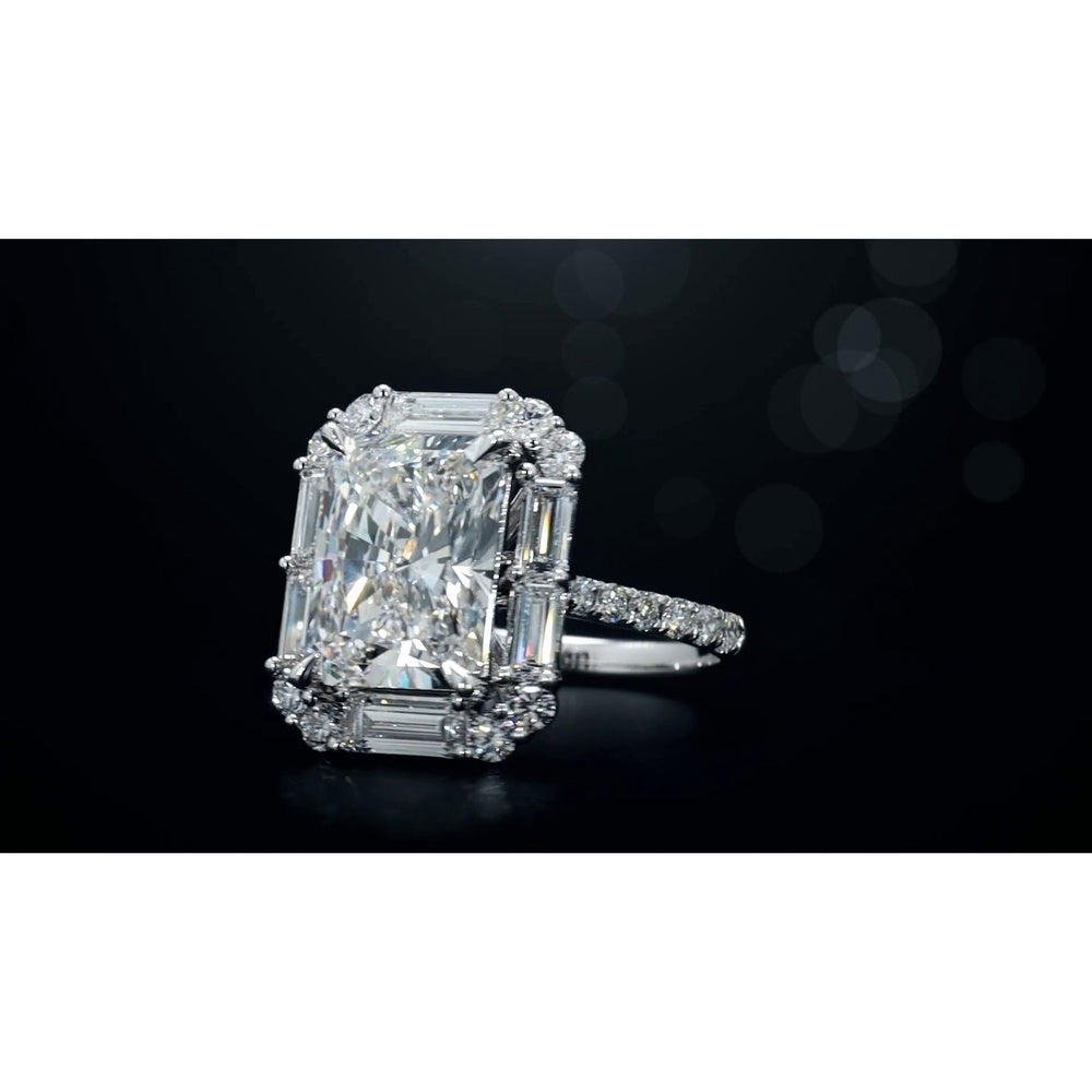 14K White Gold Radiant Cut Halo Ring with Baguette and Round Lab Diamonds - 5.57 Carat Total Weight - Covaloro Fine Jewelry