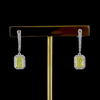 14K White Gold Radiant Cut Hanging Earrings with Fancy Vivid Yellow Lab Diamonds and Diamond Halo - 2.64 Carat Total Weight - Covaloro Fine Jewelry