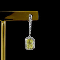 14K White Gold Radiant Cut Hanging Earrings with Fancy Vivid Yellow Lab Diamonds and Diamond Halo - 2.64 Carat Total Weight - Covaloro Fine Jewelry