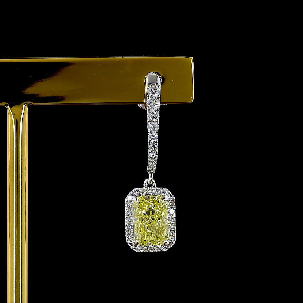 14K White Gold Radiant Cut Hanging Earrings with Fancy Vivid Yellow Lab Diamonds and Diamond Halo - 2.64 Carat Total Weight - Covaloro Fine Jewelry