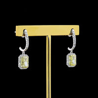 14K White Gold Radiant Cut Hanging Earrings with Fancy Vivid Yellow Lab Diamonds and Diamond Halo - 2.64 Carat Total Weight - Covaloro Fine Jewelry
