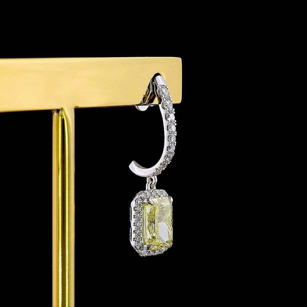14K White Gold Radiant Cut Hanging Earrings with Fancy Vivid Yellow Lab Diamonds and Diamond Halo - 2.64 Carat Total Weight - Covaloro Fine Jewelry
