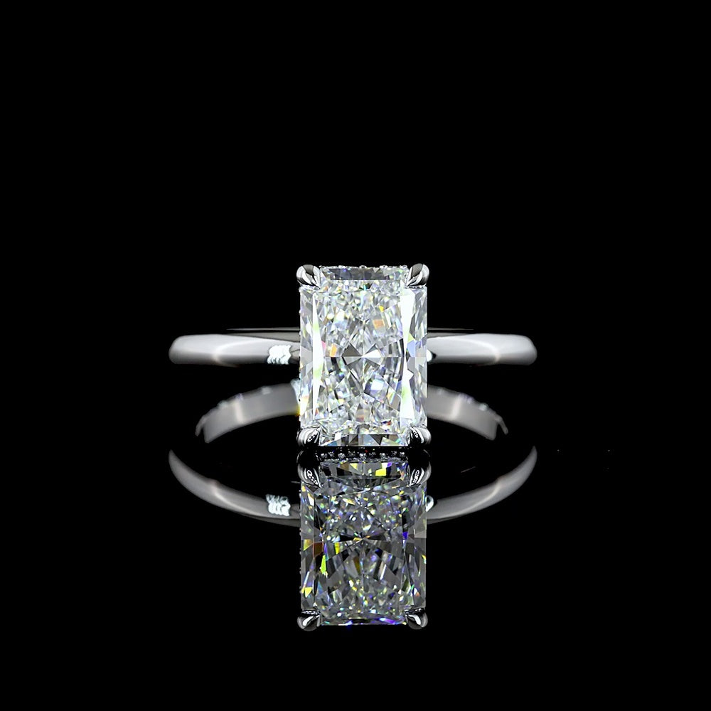14K White Gold Radiant Cut Hidden Halo Ring with E VVS1 Lab Grown Center and Brilliant Cut Diamond Accents - 2.18 Carat Total Diamond Weight - Covaloro Fine Jewelry