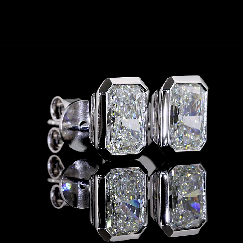 14K White Gold Radiant Cut Lab Diamond Bezel Set Stud Earrings - 2.05 Total Carat Weight, E VS1 Clarity - Covaloro Fine Jewelry