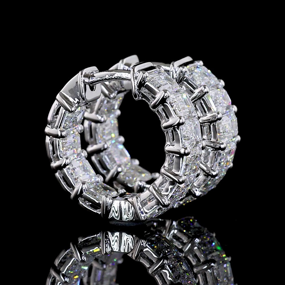 14K White Gold Radiant Cut Lab Diamond Huggie Earrings - 3.01 Total Carat Weight, 20 Stones, E-F Color VS1 Clarity - Covaloro Fine Jewelry