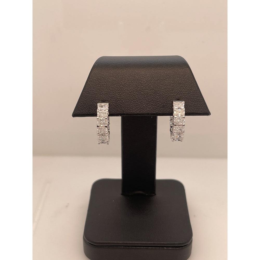 14K White Gold Radiant Cut Lab Diamond Huggie Earrings - 6.36 Carat Total Weight, E-F Color VS2 Clarity, Prong Set - Covaloro Fine Jewelry