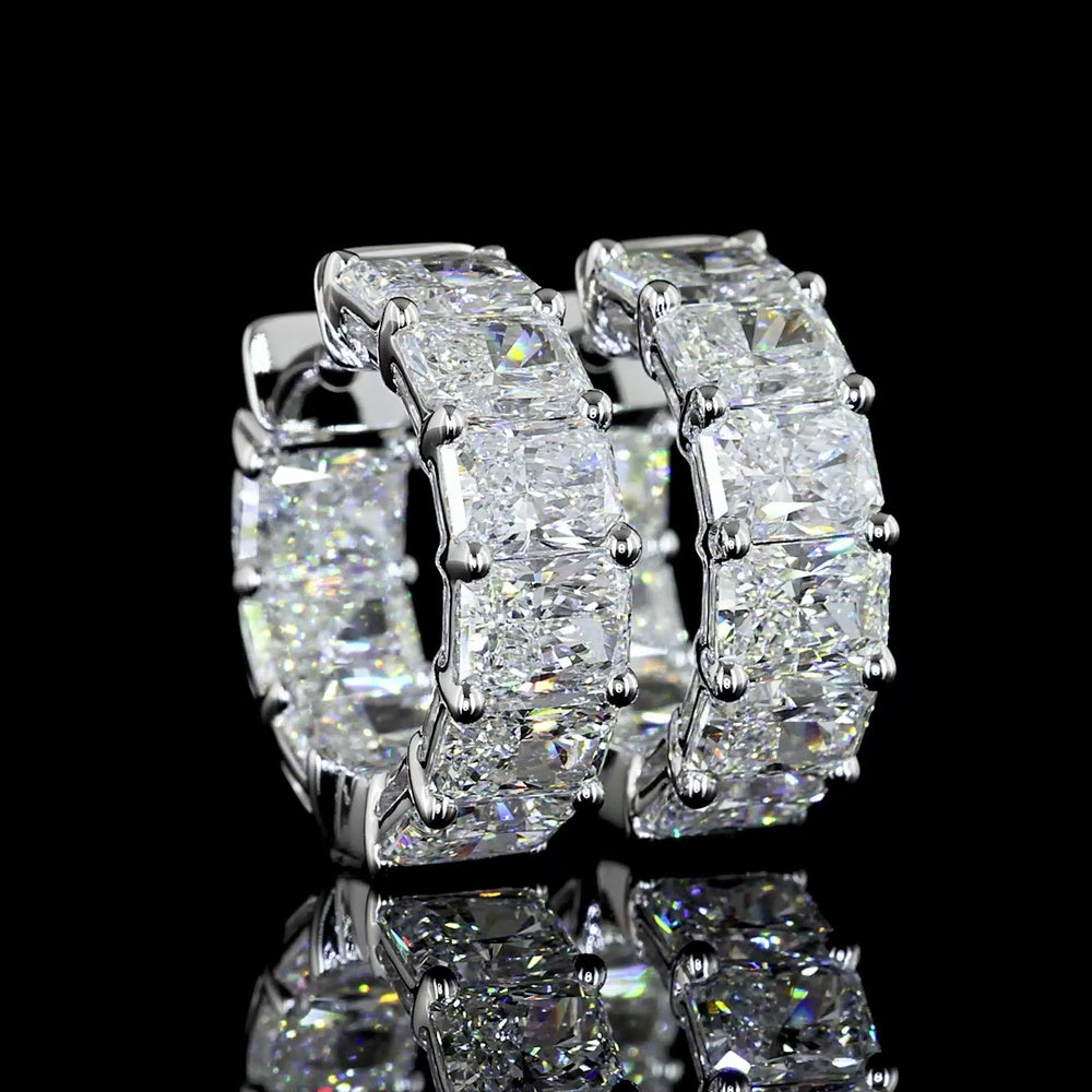14K White Gold Radiant Cut Lab Diamond Huggie Earrings - 6.51 Carats Total Diamond Weight, E-F VS Clarity - Covaloro Fine Jewelry