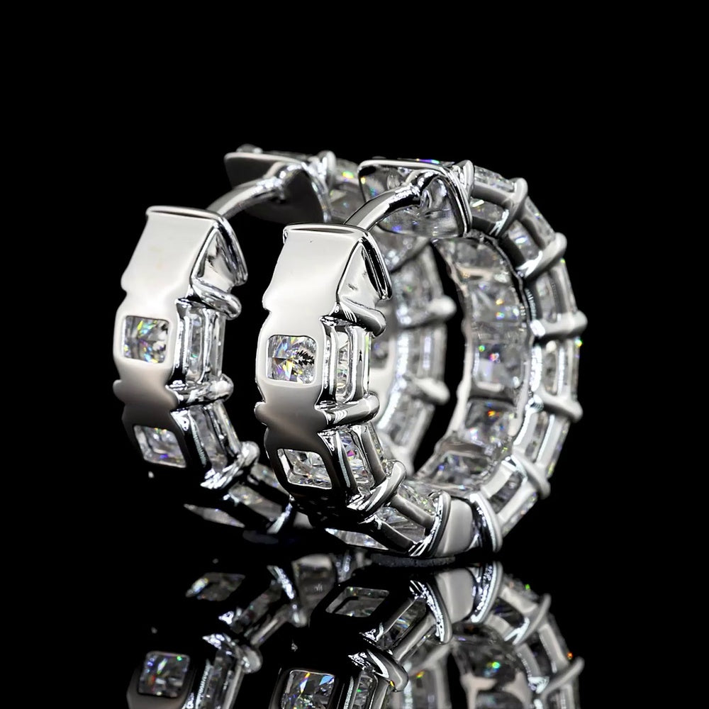 14K White Gold Radiant Cut Lab Diamond Huggie Earrings - 6.51 Carats Total Diamond Weight, E-F VS Clarity - Covaloro Fine Jewelry