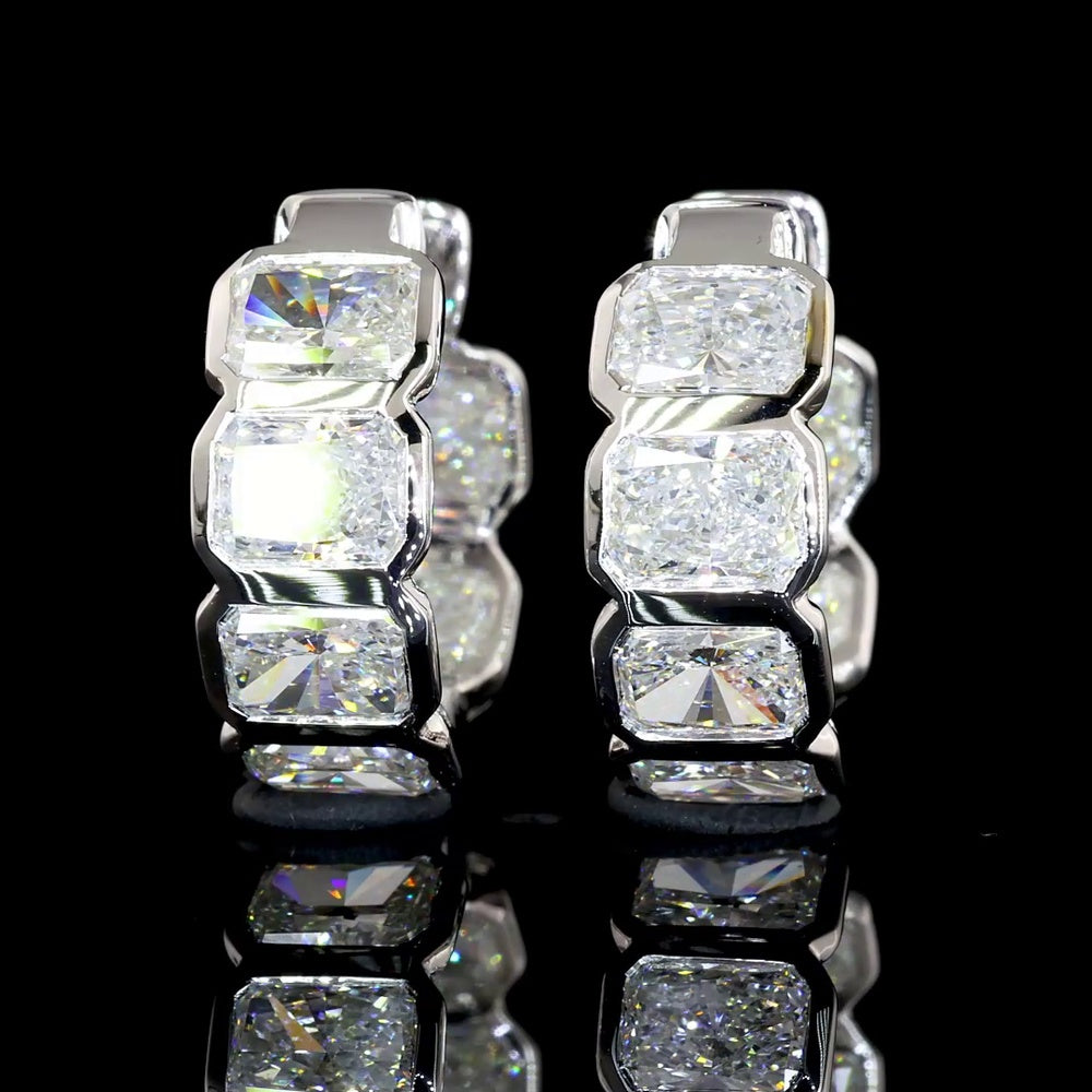 14K White Gold Radiant Cut Lab Diamond Huggie Earrings with Bezel Setting - 3.95 Carat Total Weight (E-F Color, VS2 Clarity) - Covaloro Fine Jewelry
