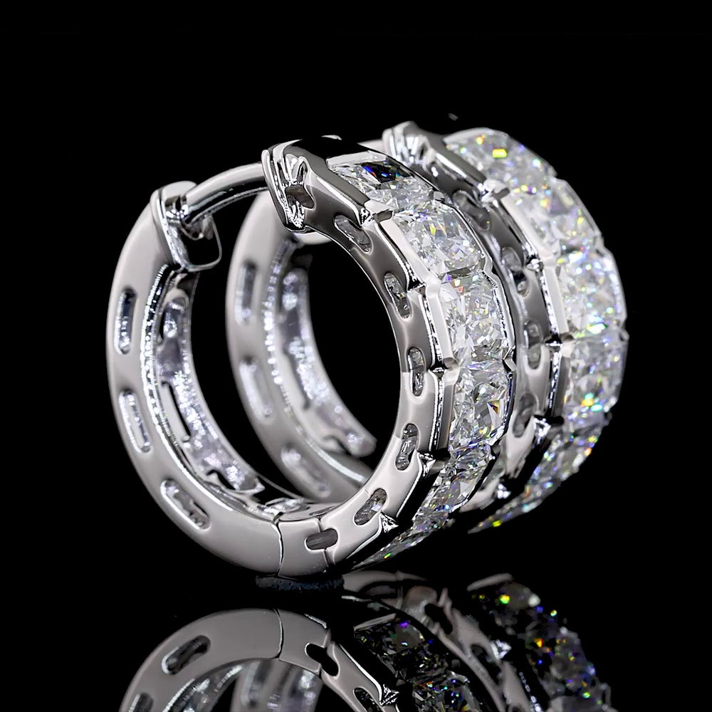 14K White Gold Radiant Cut Lab Diamond Huggie Earrings with Half Bezel Setting - 2.06 Carats Total Diamond Weight - Covaloro Fine Jewelry